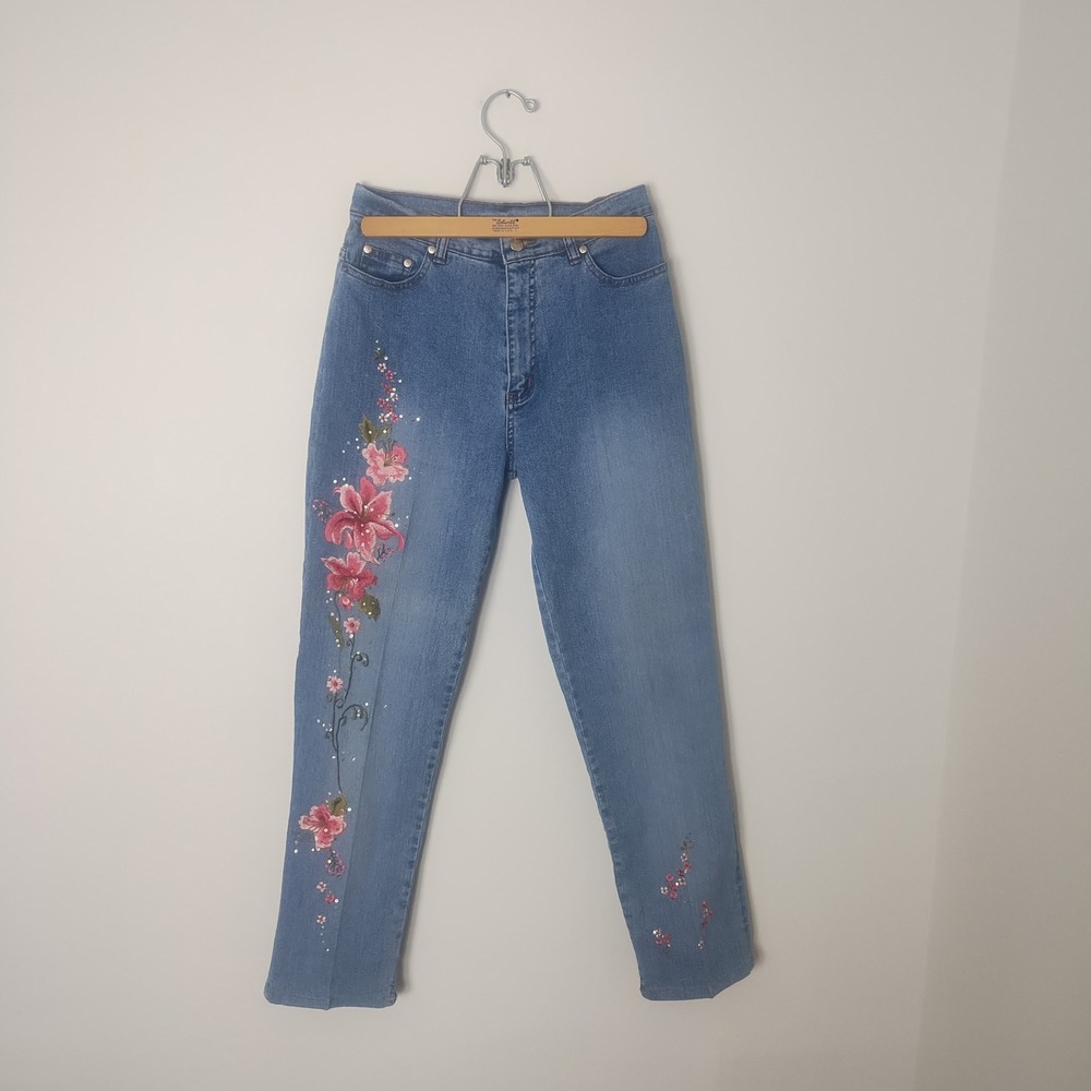 Lana Erica Floral Embroidered Jeans Women's 8 High Waist Sequin Y2K Boho